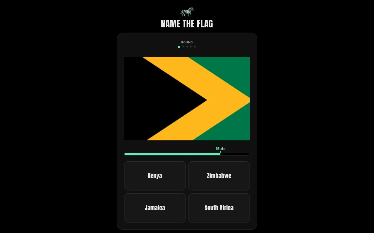 Name the Flag round 1 of 5: a zoomed-in flag with black, gold and green bands, a timer bar at 15.4 seconds and four country options