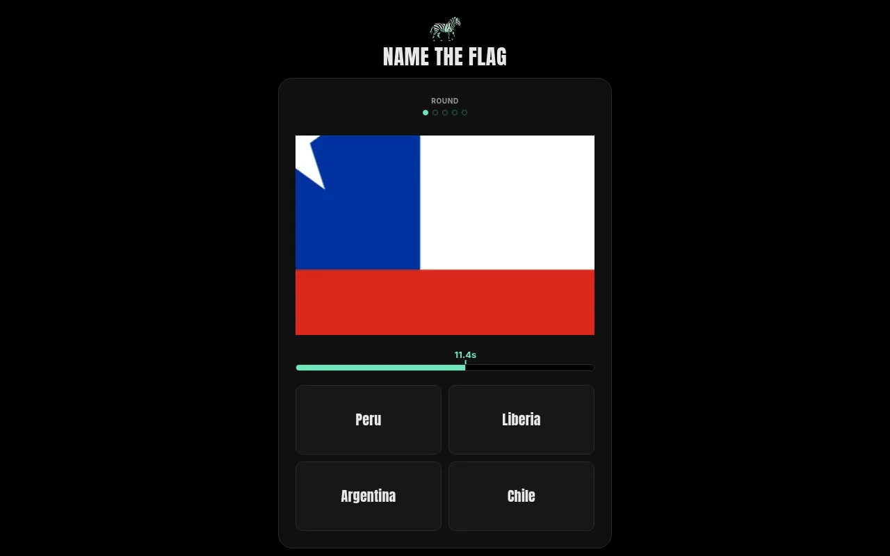 Name the Flag on 21 October 2026, round 1 of 5: a zoomed-in flag with a blue canton, white star, white and red bands, 11.4 s on the timer and four options: Peru, Liberia, Argentina, Chile