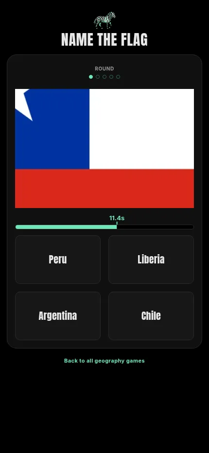 Name the Flag at phone size: round 1 of 5 with the zoomed flag, the timer bar at 11.4 seconds and four country buttons in a two-by-two grid