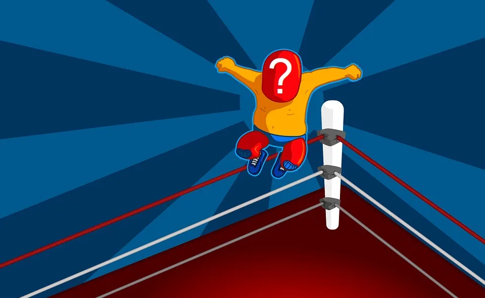 Name the Wrestler's share art: a cartoon masked wrestler with a question mark on his mask leaping from the corner of a ring