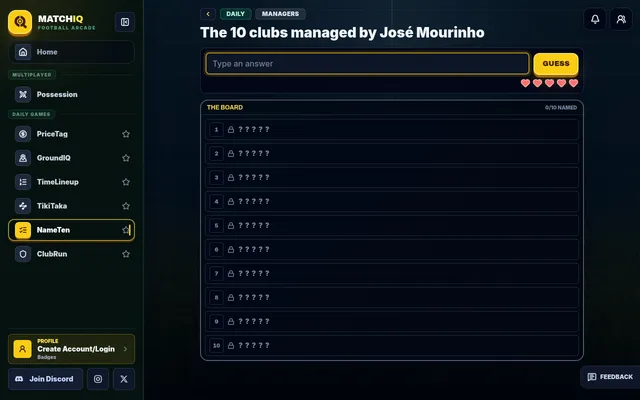 The NameTen daily board on MatchIQ: the question The 10 clubs managed by José Mourinho, an answer box with five hearts for lives, and ten locked slots, 0 of 10 named