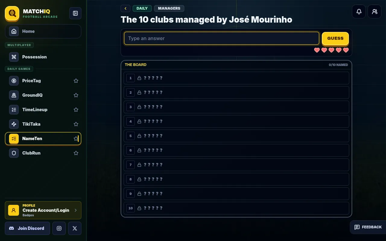 The NameTen daily board on MatchIQ: the question The 10 clubs managed by José Mourinho, an answer box with five hearts for lives, and ten locked slots, 0 of 10 named