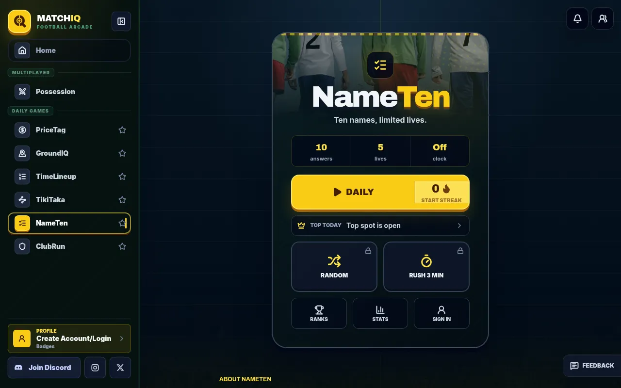 The NameTen start screen on MatchIQ: "Ten names, limited lives", 10 answers, 5 lives, clock off, a Daily button with streak, and Random and Rush 3 Min modes