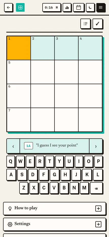The Nano Crossword on a phone: the empty 4x4 grid, the current clue bar and an on-screen keyboard