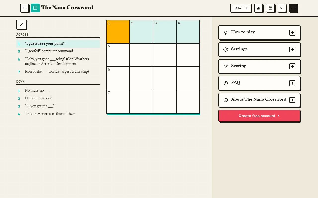 The Nano Crossword on desktop: today's empty open 4x4 grid with no black squares beside its four Across and four Down clues and the clock