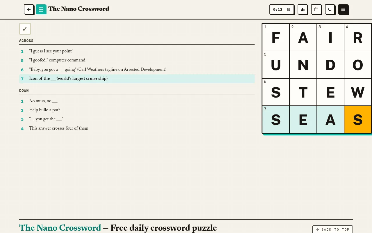 A solved Nano Crossword on desktop: the 4x4 grid filled with four-letter words beside its clues