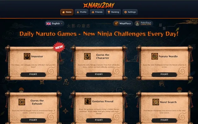 Naru2day's home page, Daily Naruto Games, with parchment scrolls for Impostor, Guess the Character, Naruto Wordle, Guess the Episode, Genjutsu Reveal and Word Search, each with a Fight button