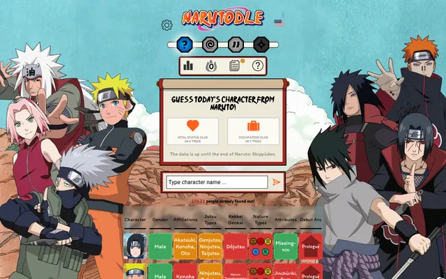 Narutodle Classic on 24 October 2026 with guesses for Sasuke and Naruto, their tiles in green, orange and red across gender, affiliations, jutsu, kekkei genkai, nature types and debut arc