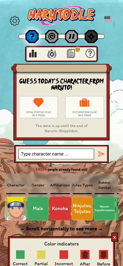 Narutodle Classic at phone size on 27 October 2026, with the clue box, the name field, one guess for Naruto in a table that scrolls sideways and the colour key