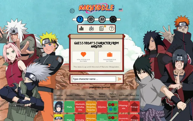 Narutodle Classic on 27 October 2026 with guesses for Sasuke and Naruto, their tiles in green, orange and red across gender, affiliations, jutsu, kekkei genkai, nature types and debut arc