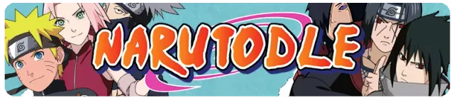 The Narutodle banner with Naruto, Sakura and Kakashi on one side and Sasuke and Itachi on the other