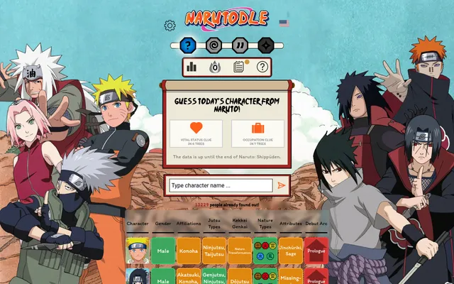 Narutodle Classic on 25 October 2026 with guesses for Naruto and Sasuke, their tiles in green, orange and red across gender, affiliations, jutsu, kekkei genkai, nature types and debut arc