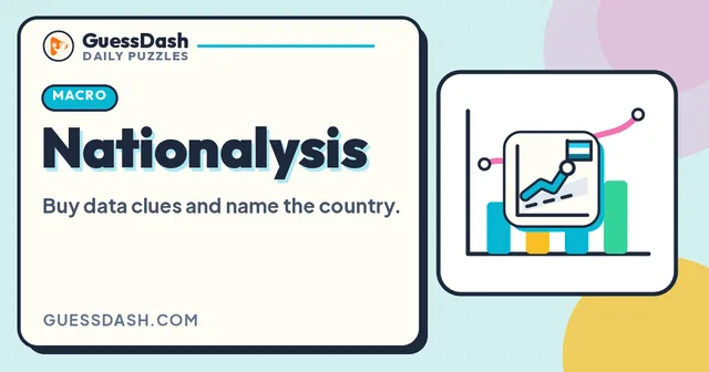 Nationalysis card from GuessDash: buy data clues and name the country, with a line chart and flag icon