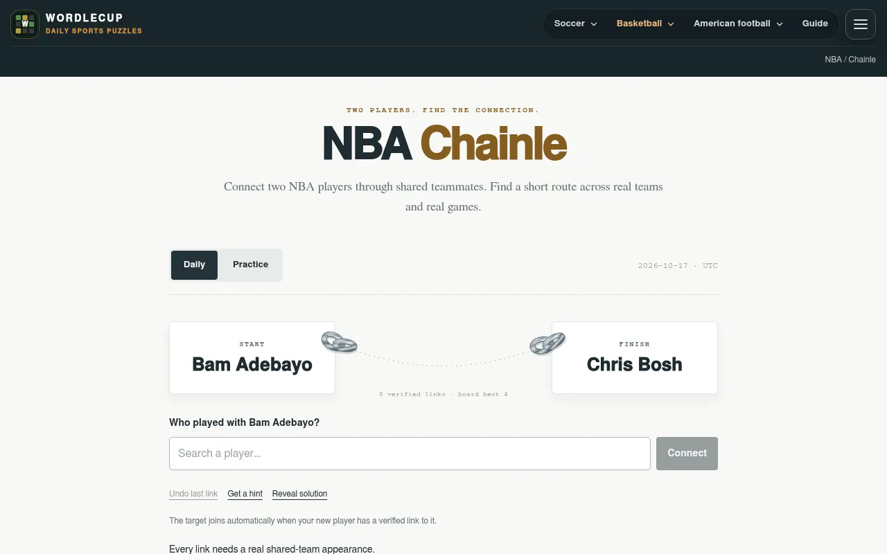The NBA Chainle daily board for 2026-10-17: start player Bam Adebayo, finish player Chris Bosh, with a player search box below