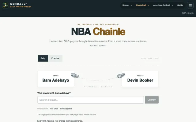 The NBA Chainle daily board for 2026-10-26: start player Bam Adebayo, finish player Devin Booker, board best 2 links, with the player search box below