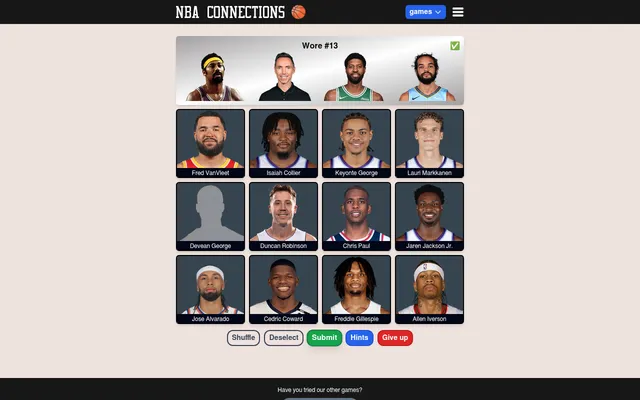 NBA Connections board No. 959 on desktop: the Wore #13 group solved above twelve player photo tiles, with Shuffle, Deselect, Submit, Hints and Give up buttons