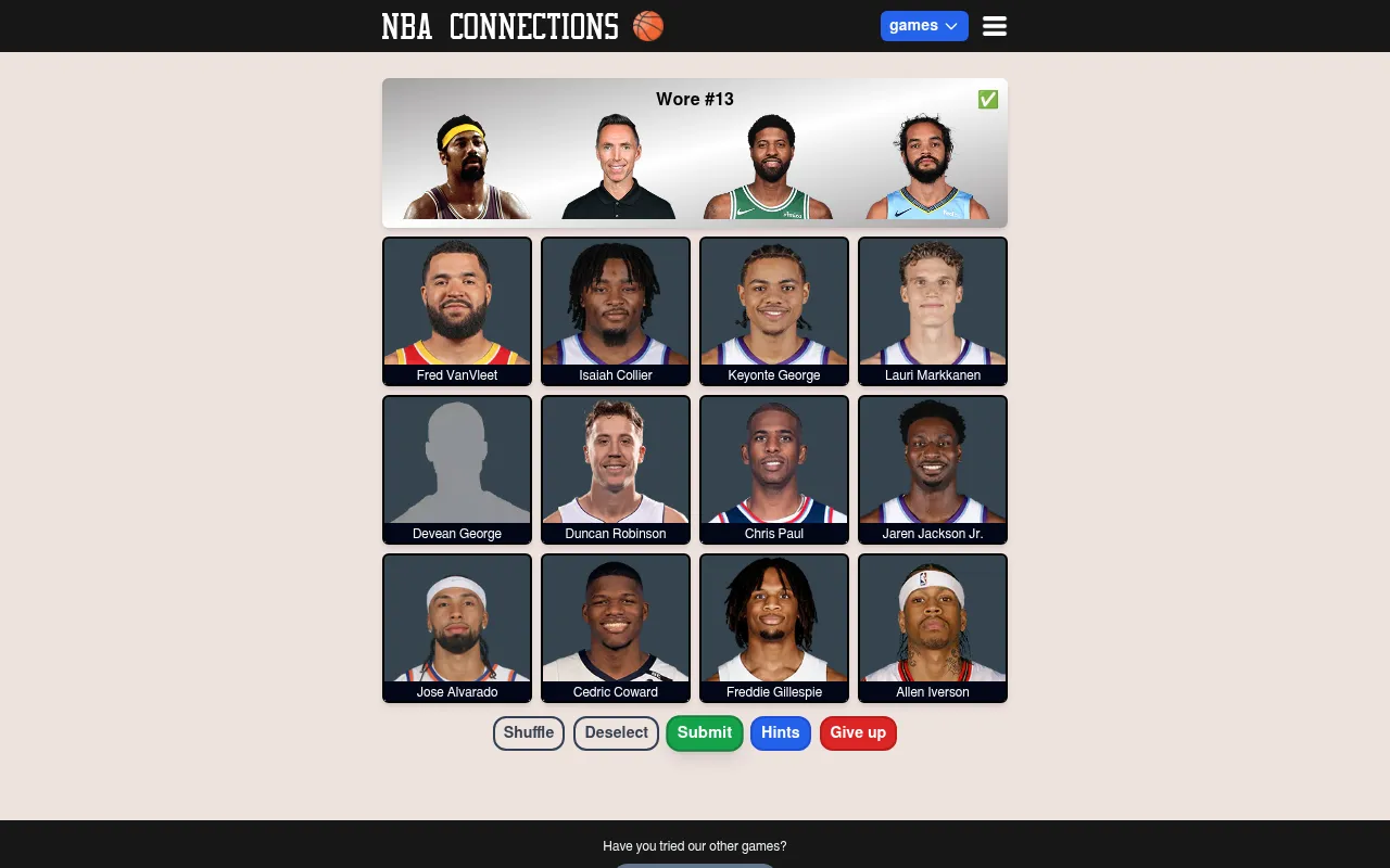NBA Connections board No. 959 on desktop: the Wore #13 group solved above twelve player photo tiles, with Shuffle, Deselect, Submit, Hints and Give up buttons