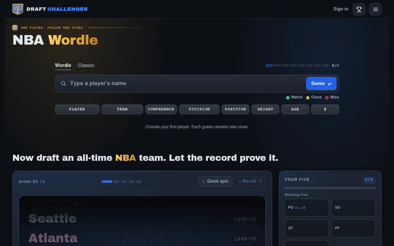 NBA Wordle on Draft Challenger before the first guess: Wordle and Classic tabs, a player name box with a Guess button and the clue columns