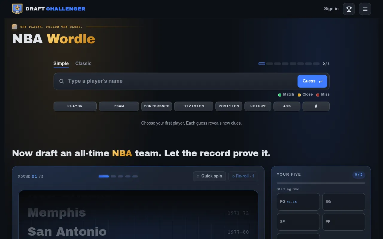 NBA Wordle's Simple board on Draft Challenger: a Type a player's name box with a Guess button, 0 of 8 guesses, and columns for player, team, conference, division, position, height, age and number