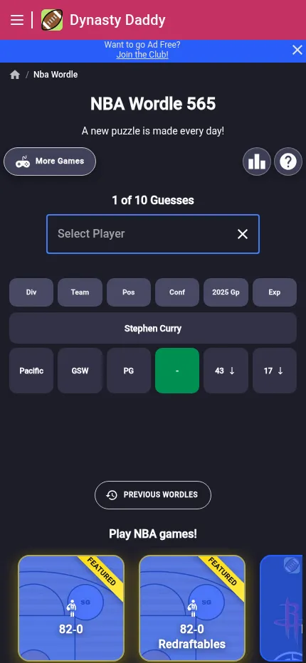 NBA Wordle 565 at phone size after guessing Stephen Curry: six clue tiles for division, team, position, conference, games played and experience under the Select Player box
