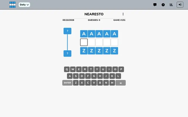 Nearesto game #151 for 05/10/2026: an empty guess row between AAAAA and ZZZZZ, with the range markers on the left and the keyboard below