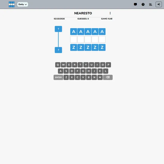 Nearesto game #148 for 02/10/2026: an empty guess row between AAAAA and ZZZZZ, with the distance bar and keyboard