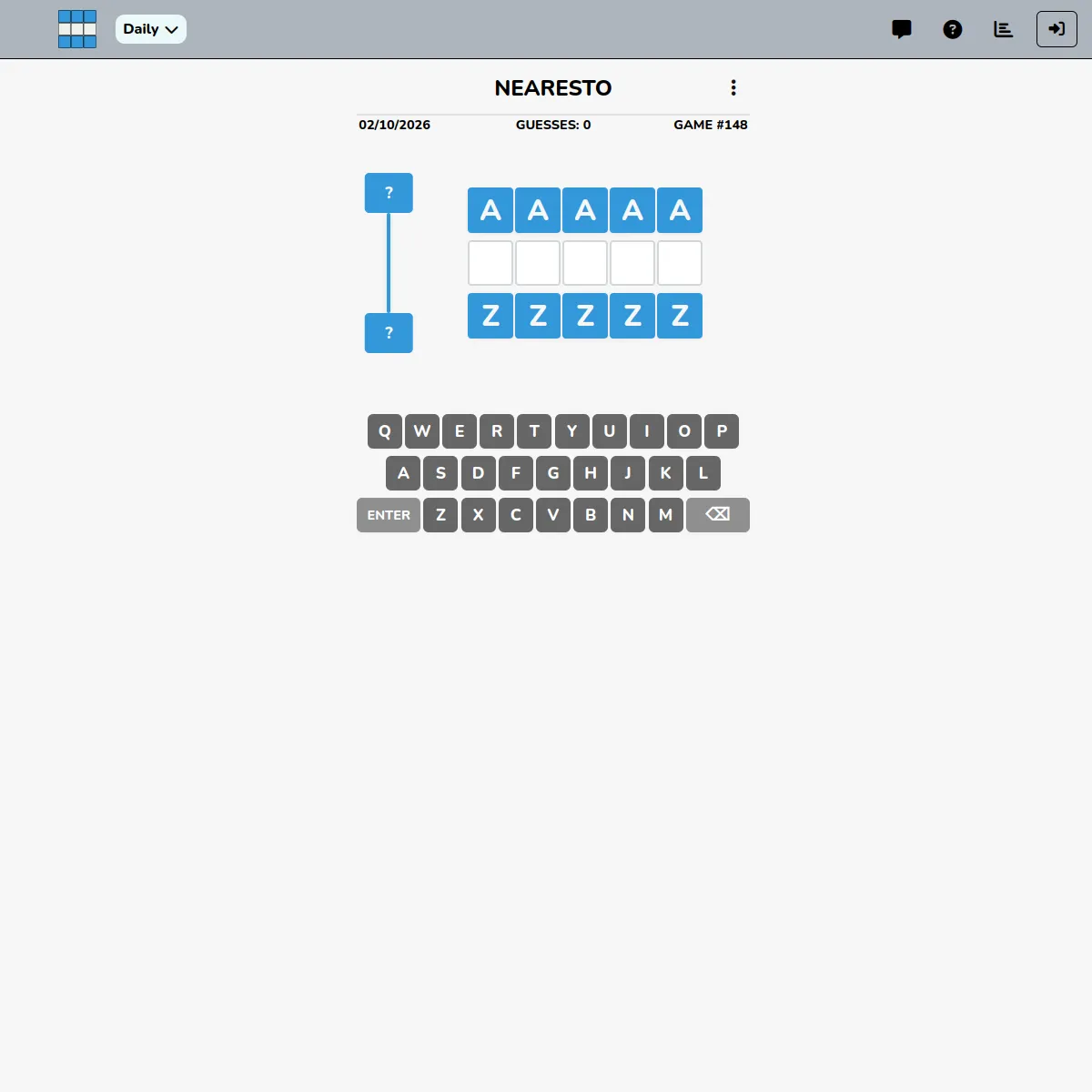 Nearesto game #148 for 02/10/2026: an empty guess row between AAAAA and ZZZZZ, with the distance bar and keyboard