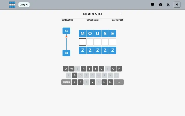 Nearesto game #165 for 19/10/2026 after two guesses: MOUSE as the top bound, ZZZZZ below, percentage markers 4.9 and 40 with the orange dot, and blocked keys greyed out