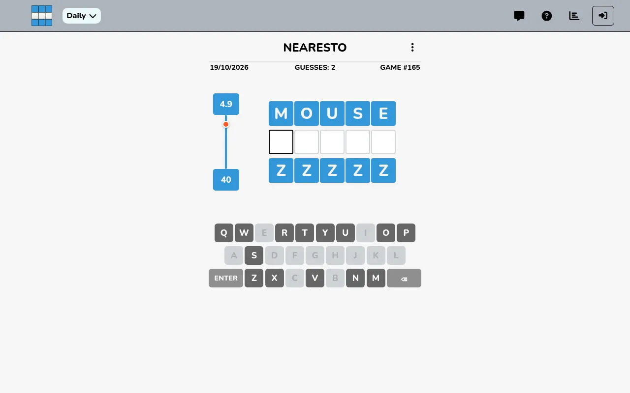 Nearesto game #165 for 19/10/2026 after two guesses: MOUSE as the top bound, ZZZZZ below, percentage markers 4.9 and 40 with the orange dot, and blocked keys greyed out