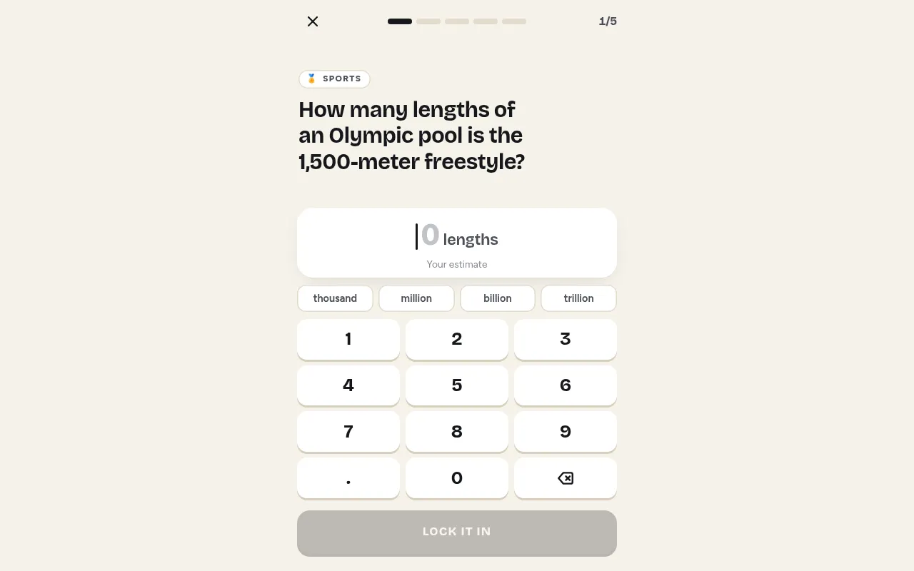 A NEARISH question tagged Sports, How many lengths of an Olympic pool is the 1,500-meter freestyle?, with an estimate box, number pad and Lock it in button