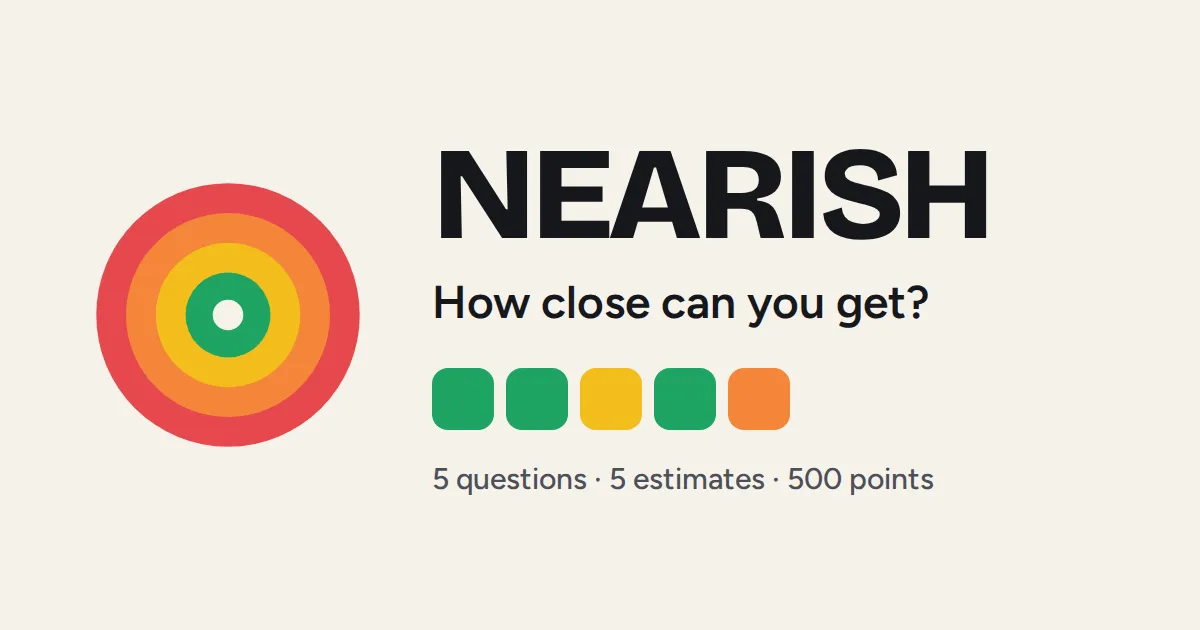 NEARISH card: a target of coloured rings, the name NEARISH, How close can you get?, a row of five coloured squares and 5 questions, 5 estimates, 500 points