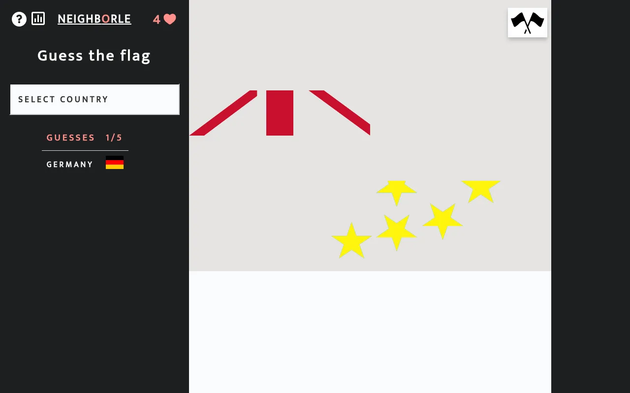 Neighborle Flags on 26 October 2026 after one guess (Germany): red cross pieces and yellow stars of the hidden flag are painted in on a grey board