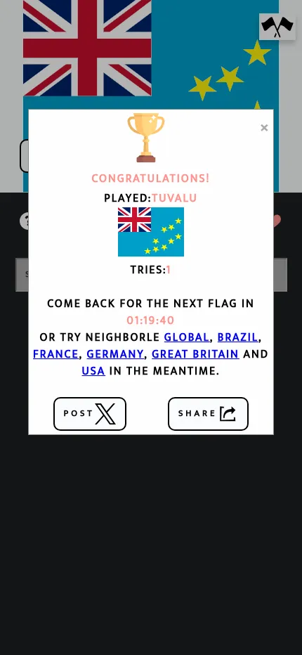 Neighborle Flags at phone size, solved on 26 October 2026: the Tuvalu flag fills the board and a results card shows one try and a countdown to the next flag