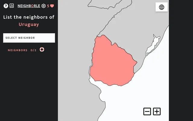 Neighborle asking to list the neighbors of Uruguay, highlighted in pink on a map, with a Select neighbor box, a 0/2 counter and 5 lives