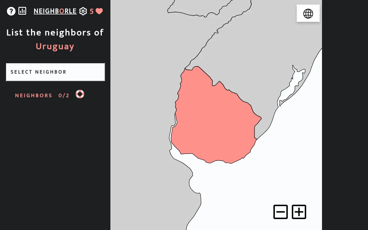 Neighborle asking to list the neighbors of Uruguay, highlighted in pink on a map, with a Select neighbor box, a 0/2 counter and 5 lives