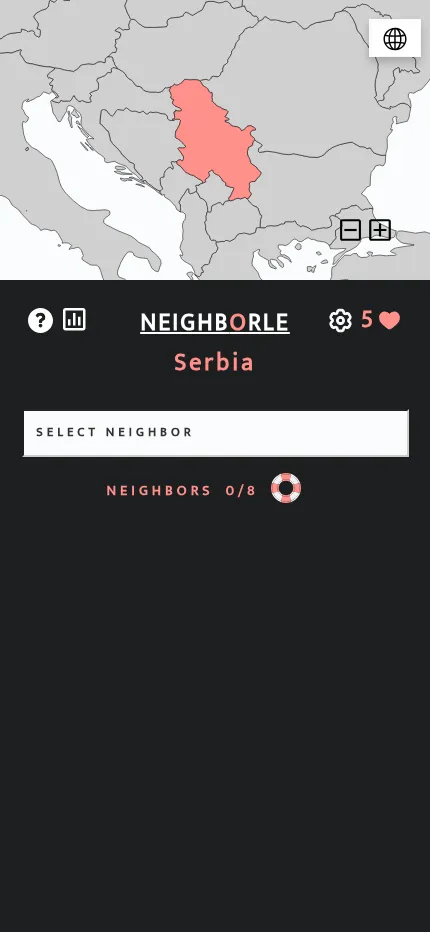 Neighborle at phone size: the map of Serbia on top, the Select neighbor box and a 0/8 neighbours counter below