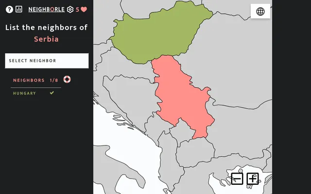 Neighborle board for Serbia, highlighted in pink on a map of the Balkans, with Hungary found in green and a 1/8 neighbours counter
