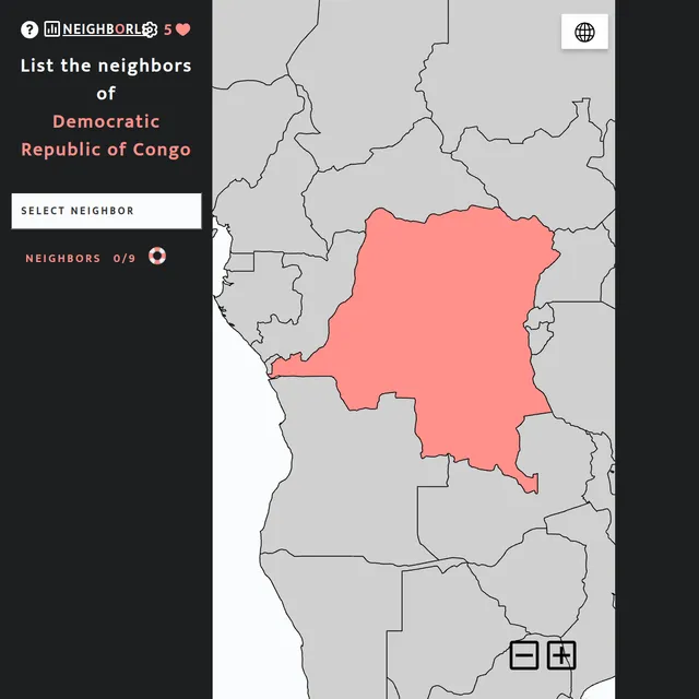 Neighborle asking to list the neighbours of the Democratic Republic of Congo, highlighted on a map of Africa, with a Select neighbor box, 0/9 counter and 5 lives