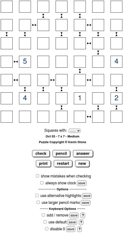 BrainBashers Neighbours for 3 October, 7x7 Medium: an almost empty grid with five given digits and small bow-tie symbols between some squares