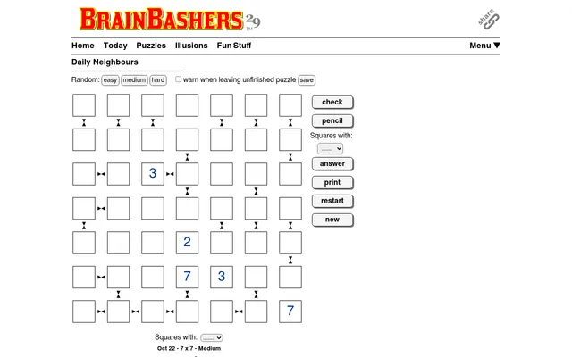 BrainBashers Neighbours for 22 October, 7x7 Medium: a mostly empty grid with five given digits and bow-tie symbols between neighbouring squares, beside check, pencil and answer buttons