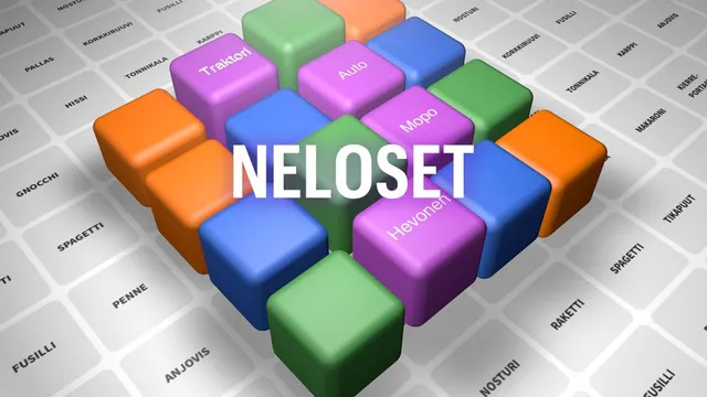 The word NELOSET over coloured cubes labelled Traktori, Auto, Mopo and Hevonen, on a field of Finnish word tiles such as Spagetti and Penne