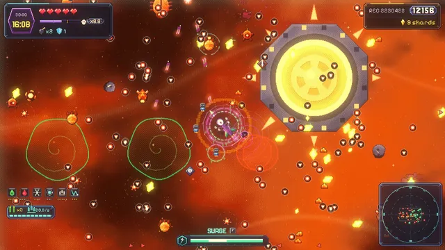 NEON SURGE gameplay at 16:08 of a 30-minute run: a pixel-art ship fires into a swarm of orange enemies beside a large octagonal station on a fiery world, with minimap and power icons
