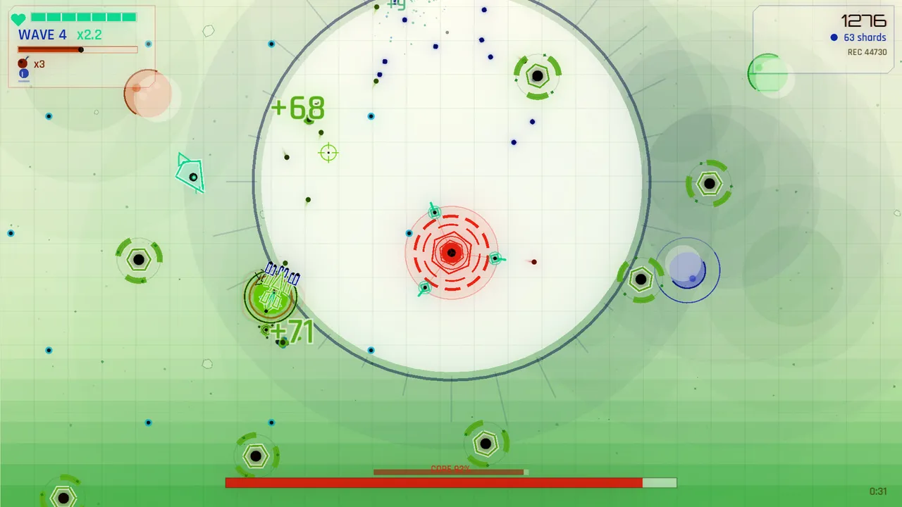 NEON SURGE, wave 4: a small ship firing at green hexagonal enemies around a red core inside a pale circular arena, with score popups and a boss health bar