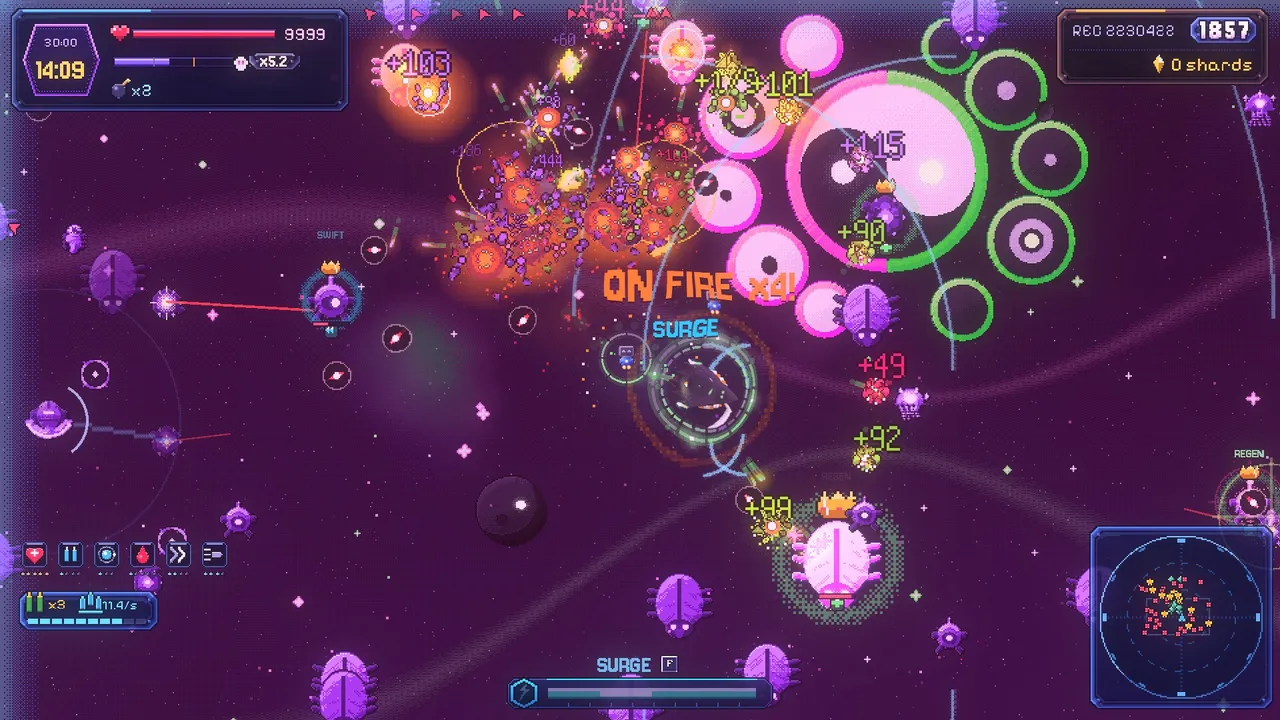 NEON SURGE on a purple world: the ship's Surge blast and an On Fire x4 combo among pink insect-like enemies and a boss's ringed shields