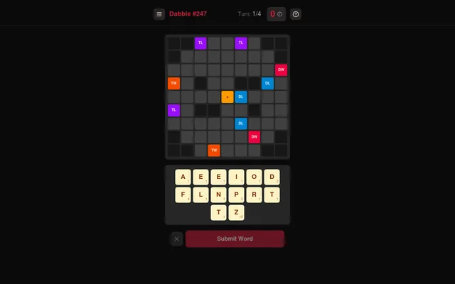 Dabble #247 at turn 1 of 4: a dark board with coloured TL, TW, DW and DL bonus squares and a rack of fourteen letter tiles