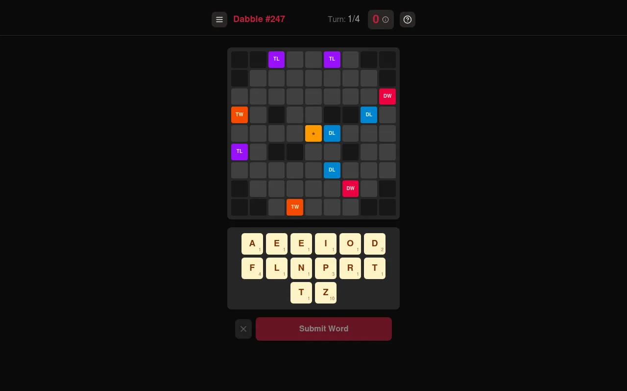 Dabble #247 at turn 1 of 4: a dark board with coloured TL, TW, DW and DL bonus squares and a rack of fourteen letter tiles