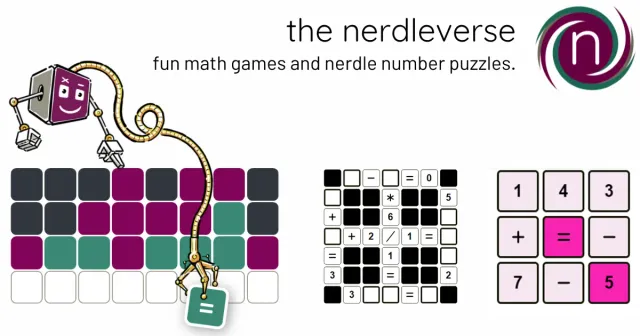 Nerdle game grids with green and purple tiles beside a math crossword and a number grid