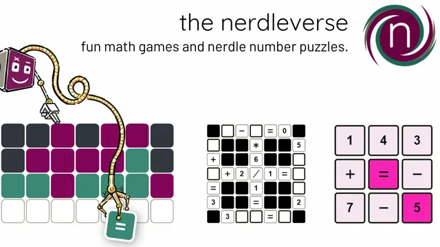 Nerdle game grids with green and purple tiles beside a math crossword and a number grid
