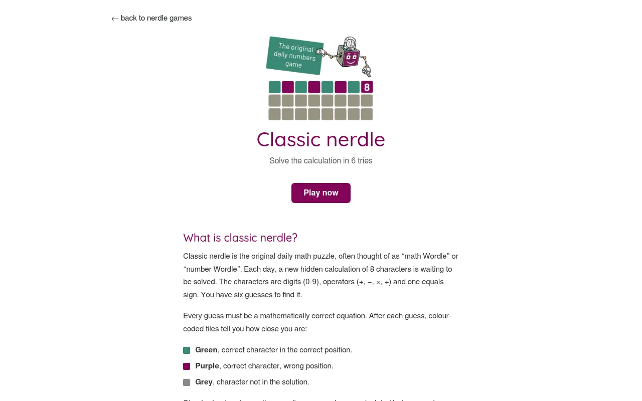 The Classic nerdle page: its mascot, a row of green and purple tiles, the line Solve the calculation in 6 tries, a Play now button and the colour rules