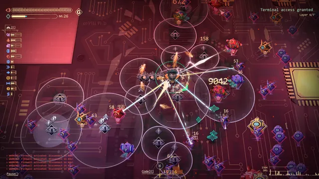 A Net.Attack() fight: the hacker's code fires rings of attacks into a swarm of red and blue security programs on a circuit board